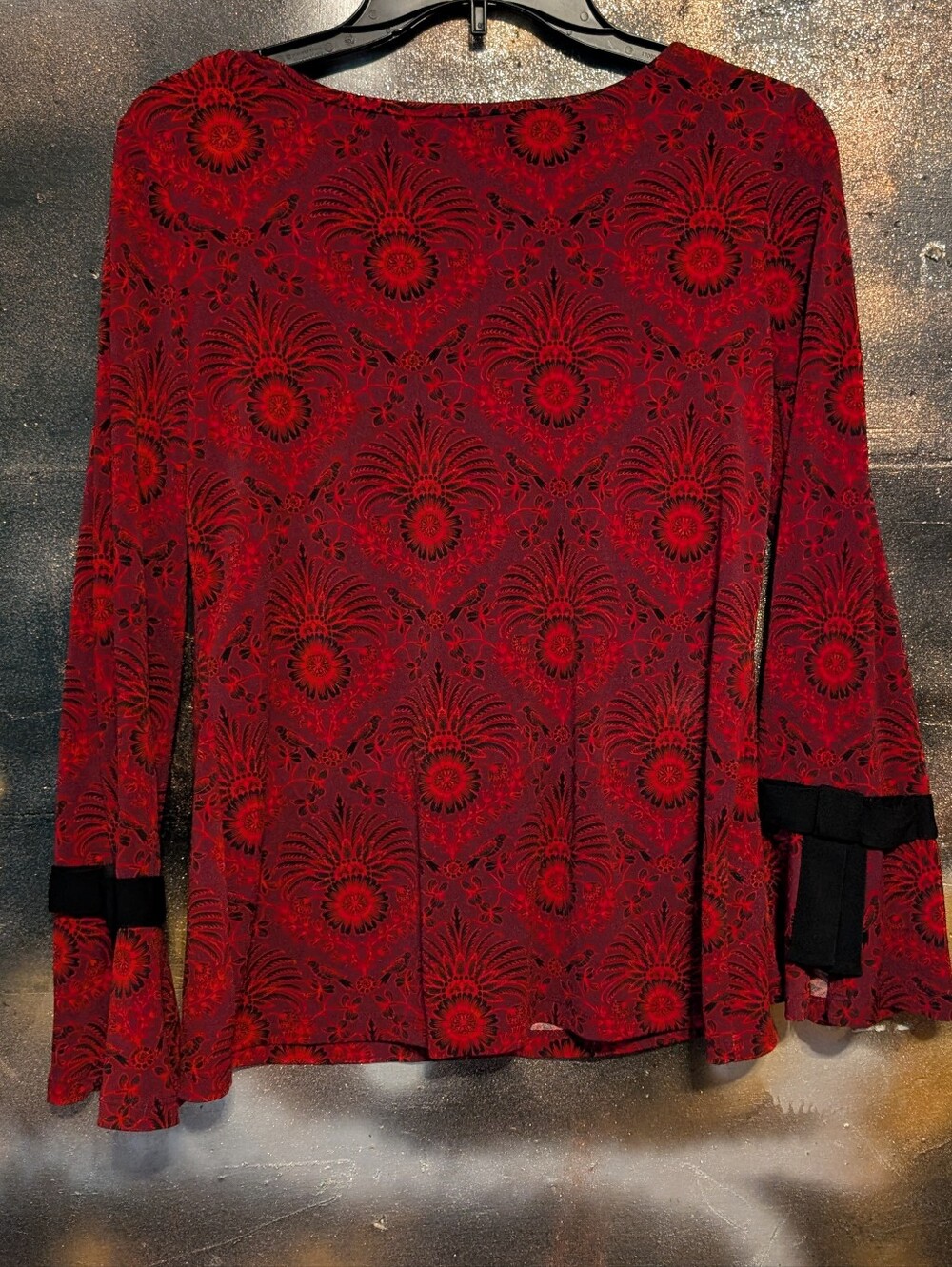 Charter Club Red Patterned Long-Sleeve Top with Black Trim Bell Cuffs